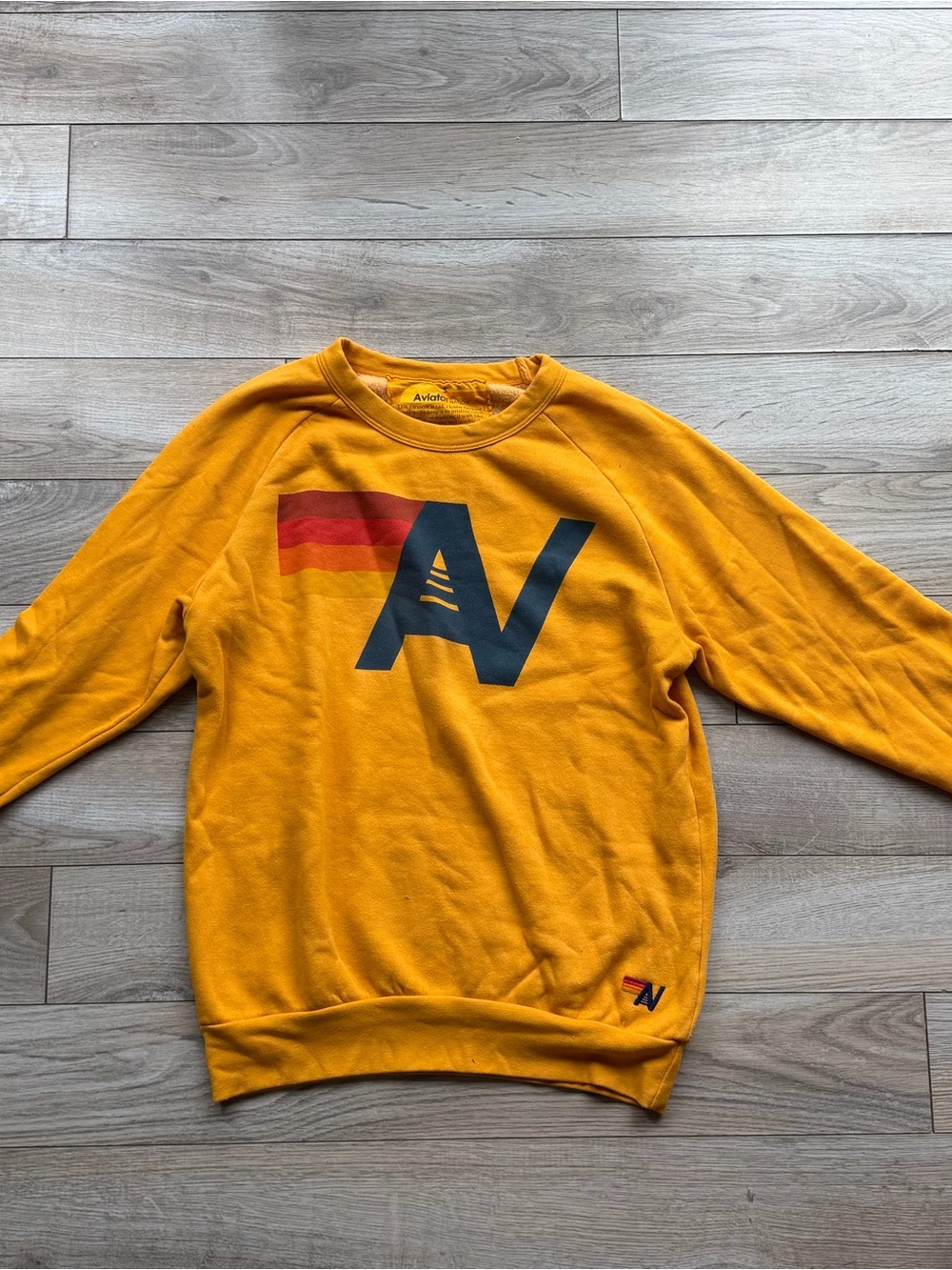 Aviator Nation Men's Mustard Gold Crewneck with Navy Logo and Red-Orange Stripe